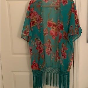 Floral sheet fringe kimono